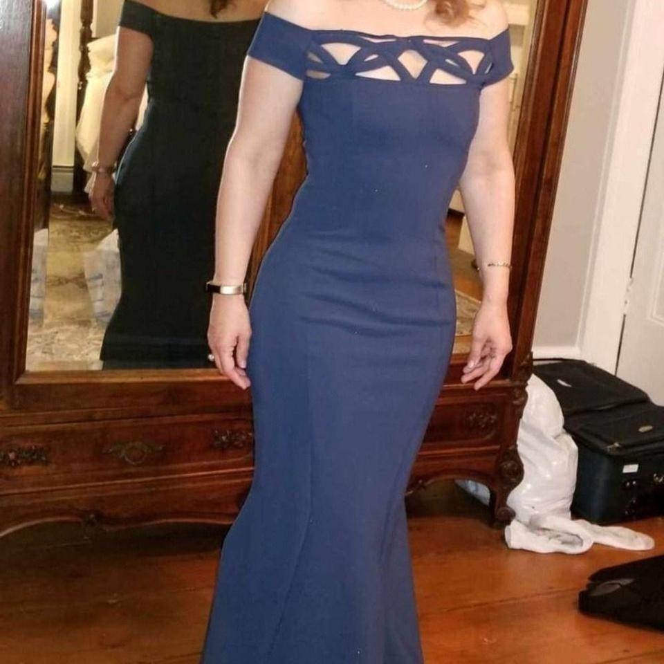 Navy Blue Off The Shoulder Lattice Cutout Mermaid Evening Gown Maxi Dress